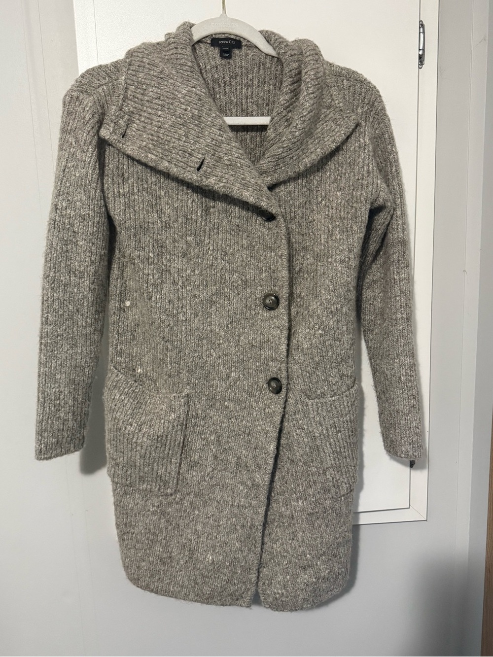 145. RW&CO. Gray Chunky Shawl-Collar Long Knit Cardigan Coat XXS Cabincore
